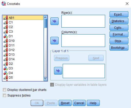 Title: Figure 1 - Description: This is the SPSS dialog box for Crosstabs.