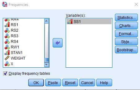 Title: Figure 2 - Description: This is the SPSS dialog box for Frequencies with SS1 selected.