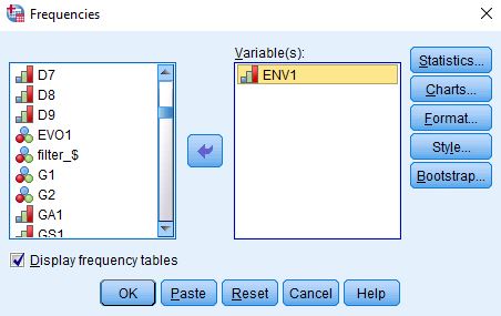 Title: Figure 2 - Description: This is the SPSS dialog box for Frequencies with ENV1 selected.