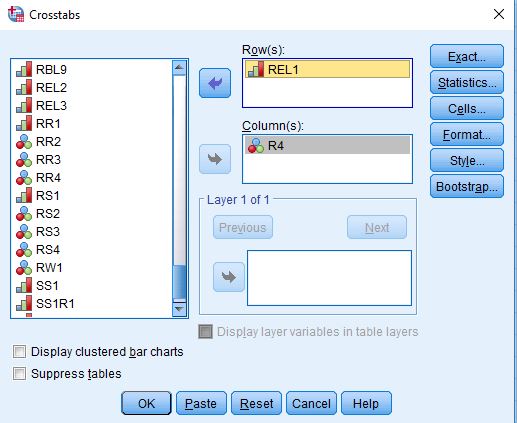 Title: Figure 3 - Description: This is the SPSS dialog box for Crosstabs with R4 as the column variable and REL1 as the row variable.