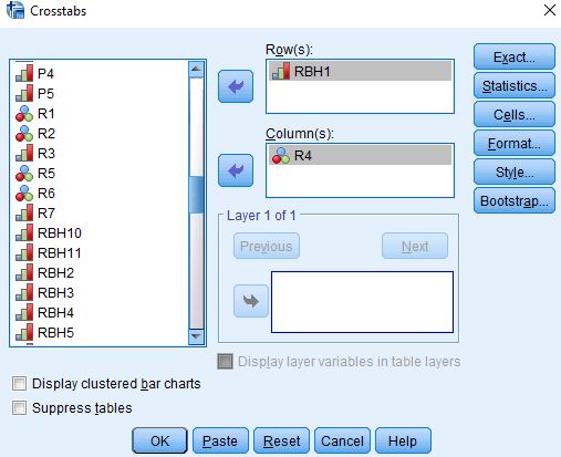 Title: Figure 3 - Description: This is the Crosstabs dialog box with RBH1 in the rows and R4 in the columns.