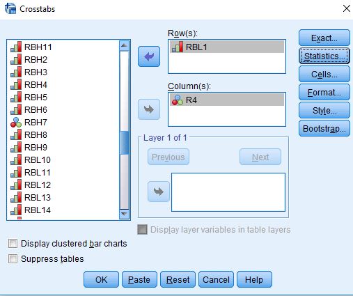 Title: Figure 4 - Description: This is the SPSS Crosstabs dialog box with R4 in the columns and RBL1 in the rows.