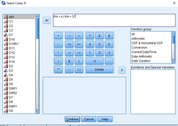 Title: Figure 5 - Description: This is the SPSS dialog box for Select Cases: If.  It tells SPSS to select out those cases which are a 4 or a 5 on R4.