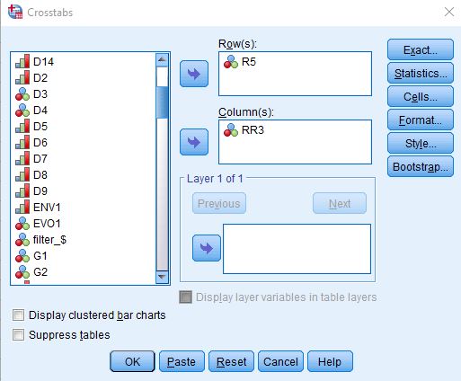 Title: Figure 5 - Description: This is the Crosstabs dialog box with RR3 filled in as the column (independent) variable and R5 filled in as the row (dependent) variable.