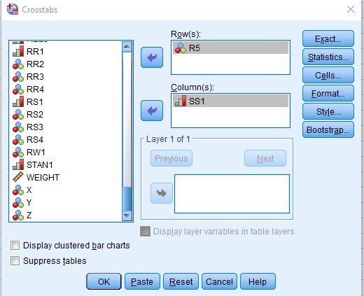 Title: Figure 5 - Description: This is the Crosstabs dialog box for Crosstabs with R5 in the rows and SS1 in the columns.