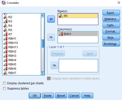 Title: Figure 5 - Description: This is the SPSS dialog box for Crosstabs with ENV1 as the column variable and R5 as sthe row variable.