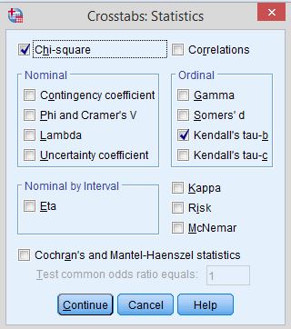 Title: Figure 5 - Description: This is the Crosstabs: Statistics dialog box with Chi Square and Kendall's tau-b selected.