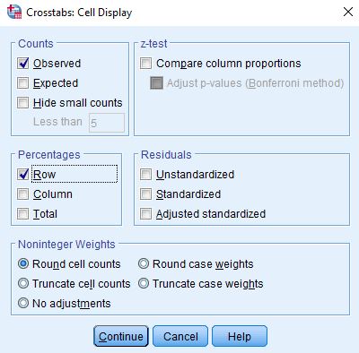Title: Figure 6 - Description: This is the Cell Display dialog box with Row pecents selected.  The observed counts (i.e., frequencies) is selected by default.
