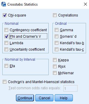 Title: Figure 8 - Description: This the Statistics dialog box with Chi Square and Cramer's V selected.