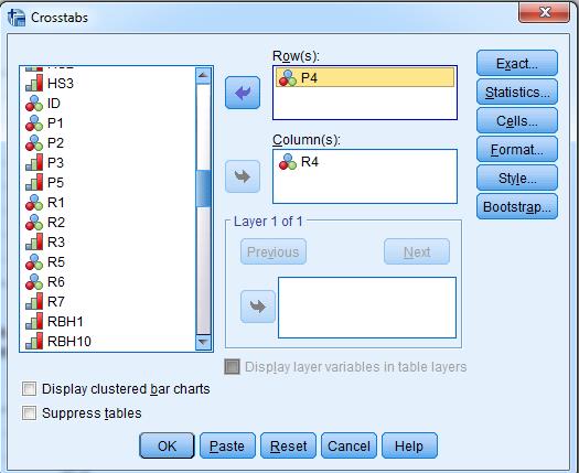 Title: Figure 3 - Description: This is the Crosstabs dialog box with R4 in the columns and P4 in the rows.